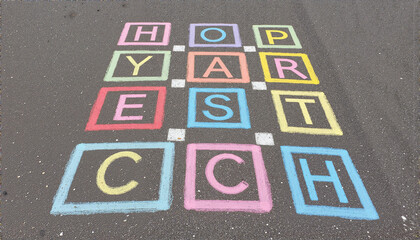 Colorful chalk art spelling "Hope" on pavement for educational materials, community art projects, mental health awareness campaigns, blogs, and social media posts