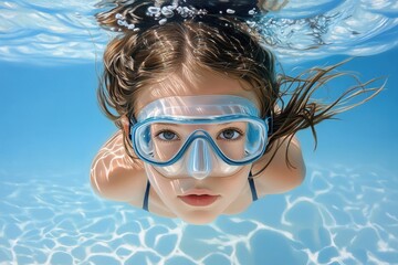 Naklejka premium Young girl with dive mask underwater, gazing directly at viewer, hair flowing, clear blue water, sunlit ripples on pool floor.