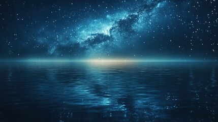 Starry night sky reflected on calm ocean water.
