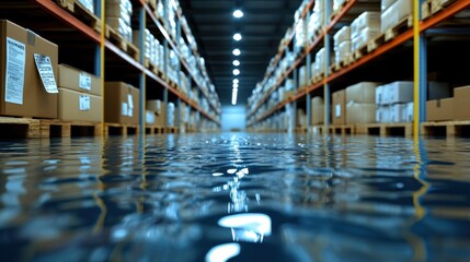 Flooded warehouse aisle with boxes on shelves, water on the floor reflecting the lighting above.