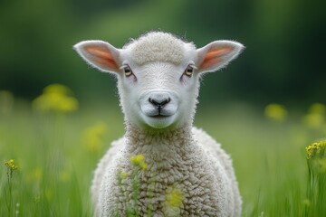 Obraz premium Adorable white lamb standing in a green meadow during spring