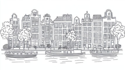 Obraz premium Canal-side houses, Amsterdam, Netherlands; boats, trees. Travel, tourism