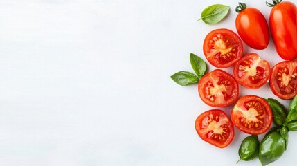 Fototapeta premium sliced tomatoes with basil leaves on a white surface