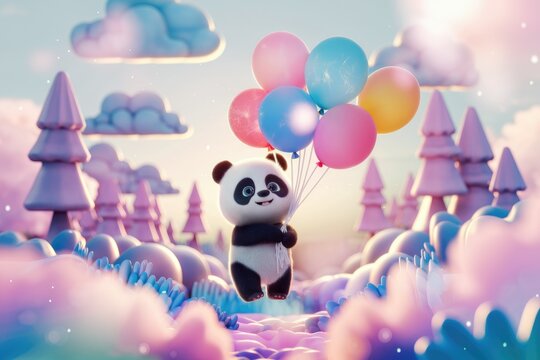 Adorable panda cub soaring through a whimsical pastel landscape with colorful balloons.