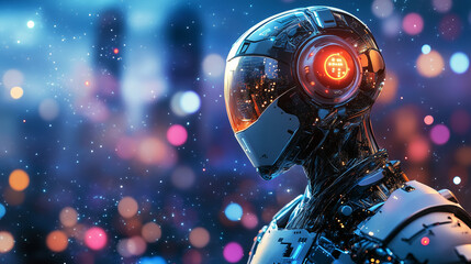 Futuristic humanoid robot with advanced AI technology in a cyberpunk neon-lit environment for innovation and sci-fi themes