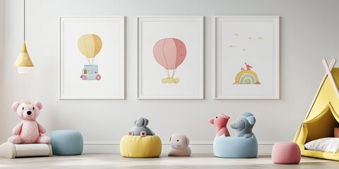 three posters in white frame in kids room mockup