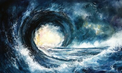 Ocean wave swirling, stormy night, light, abstract art, background, nature