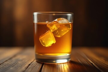 Golden liquid in crystal glass, wooden backdrop, golden, domestic spirits