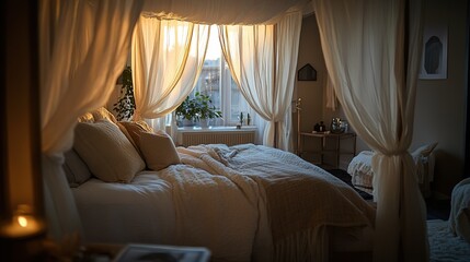 Serene Bedroom with Four Poster Bed and Soft Lighting