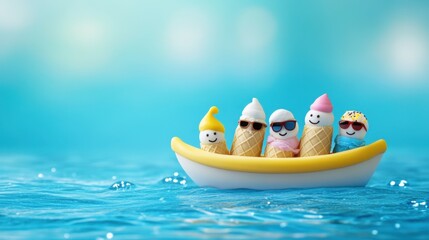 Obraz premium Four ice cream characters with faces float in a small boat on blue water, Ice cream characters enjoying a boat ride on blue water.
