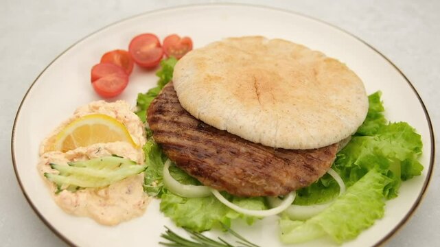 Serbian pljeskavica served with pita flatbread. Closeup of Balkan style pljeskavica burger on a plate with Serbian urnebes salad