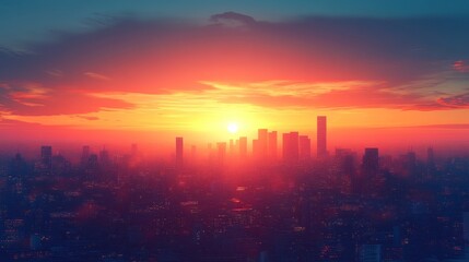 Vibrant sunset over a bustling city skyline, casting colorful hues across the urban landscape
