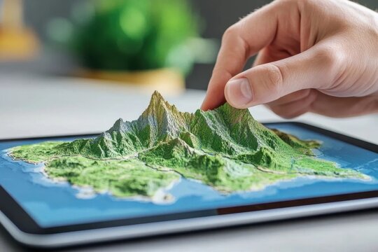 3D map of an island on a tablet, a finger touching a mountain peak.