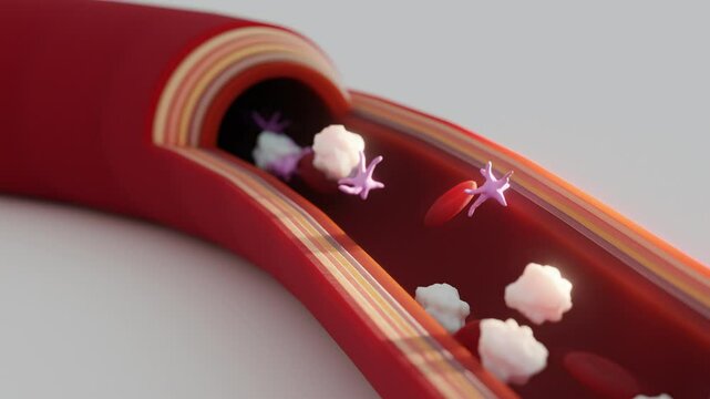 Red and white blood cells flow inside an artery, vein. Healthy arterial cross-section blood flow. Medical microbiological concept. Enrichment with oxygen and important nutrients, 3d Animation