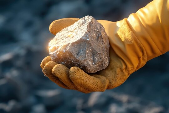Gloved hand holding a raw metallic ore sparkling in the light against a blurred background.