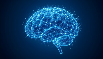 A glowing blue brain composed of a network of lines and dots..