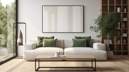 Modern Living Room Mockup with Minimalistic Design Featuring Comfortable Sofa and Stylish Decorative Elements in Bright Natural Light