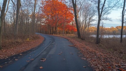 Obraz premium Winding autumn road, vibrant tree, lakeside, fall foliage