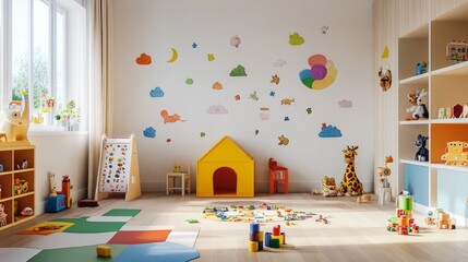 playroom with stickers on the walls and floor 