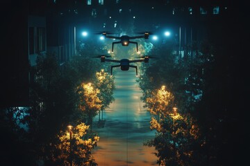Dark moody urban street with glowing blue neon lights at night