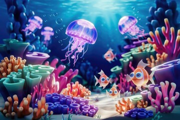 Fototapeta premium Vibrant underwater scene with cartoon jellyfish, coral, and fish, creating a playful and colorful fantasy world.
