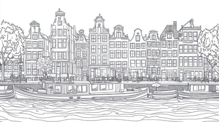 Canal-side houses, Amsterdam; boats moored;  peaceful scene; travel brochure