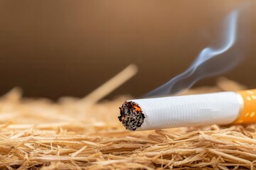 Lit cigarette with smoke, resting on dried grass, against blurred background.