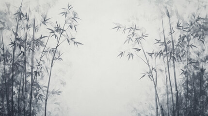 A fine art ink painting depicting a peaceful bamboo grove on a gentle hillside, shrouded in morning mist © otter2