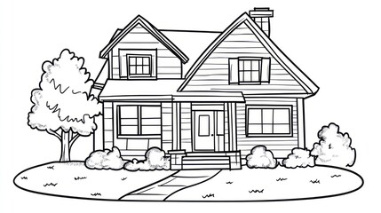 Obraz premium Suburban house, yard, landscaping, sunny day, coloring book illustration