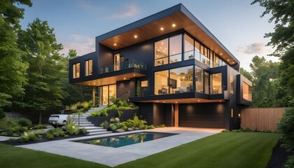 Ultra-modern 8K suburban home with a cantilevered second floor, smart features, and eco-conscious landscaping