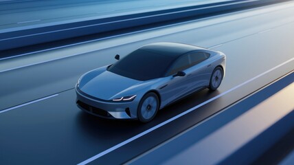 A sleek, futuristic electric car speeds down a highway at dusk.
