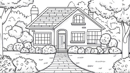 Obraz premium Suburban house, tree-lined street, landscaping, coloring page, home design