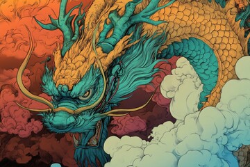 A visual showcasing a mythical Chinese dragon breathing fire, illustrated alongside traditional Chinese characters