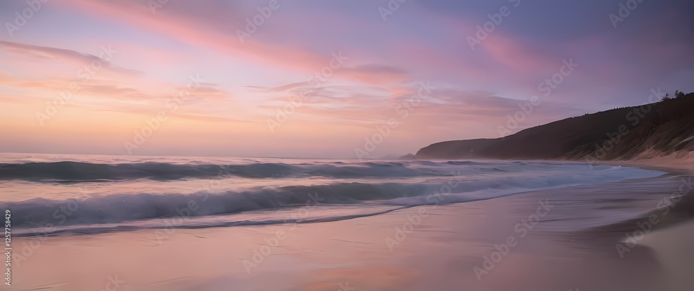 Fototapete a tranquil beach scene featuring soft pastel skies during dusk calming waves lapping at the shore cr