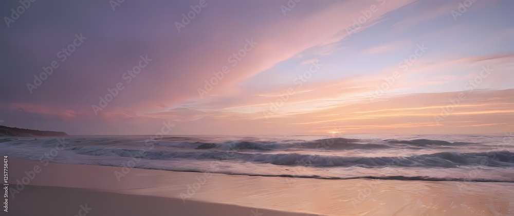 Fototapete a tranquil beach scene featuring soft pastel skies during dusk calming waves lapping at the shore cr