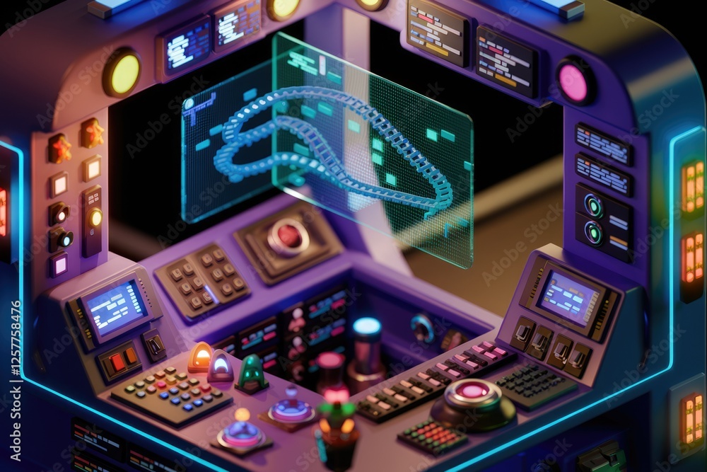 Aufkleber Futuristic control panel with holographic display showcasing a chain-like data visualization.