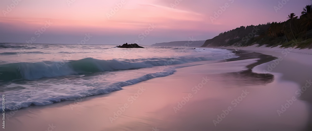 Fototapete a tranquil beach scene featuring soft pastel skies during dusk calming waves lapping at the shore cr