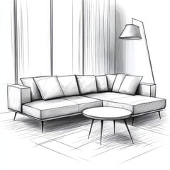 Interior in sketch style. Sofa