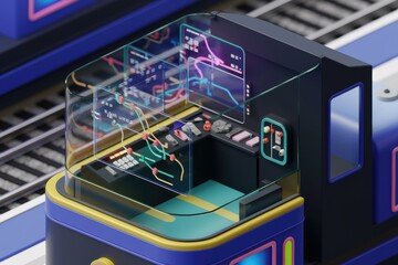 Futuristic train control panel with vibrant displays showing route maps and real-time data.