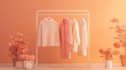 Autumn clothing on display, pastel colors, minimalist interior