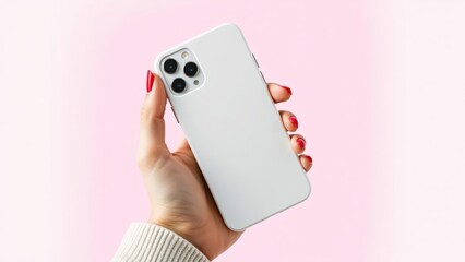Obraz premium A close-up view of a hand holding a white smartphone against a soft pink background, showcasing modern design and personal technology in an aesthetically pleasing context.