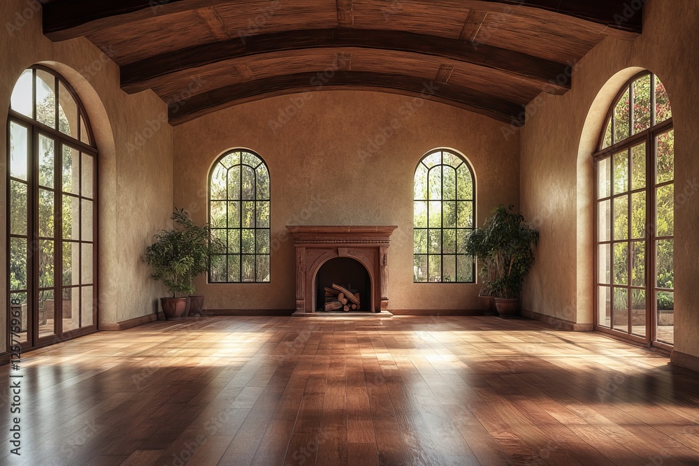 Poster an empty, modern room adorned with a fireplace and sweeping views from its large window