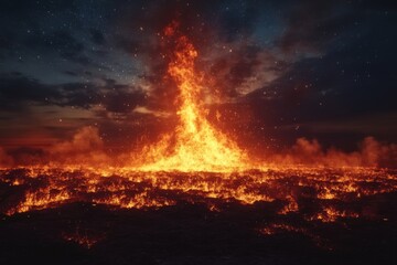 Naklejka premium Volcanic eruption with fiery lava flowing down a mountain