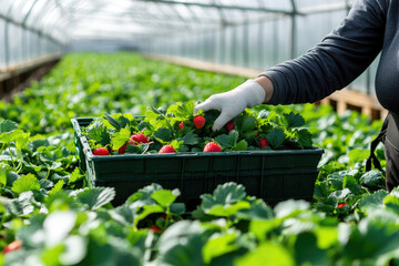 Strawberry growers with harvest, agricultural working in the greenhouse