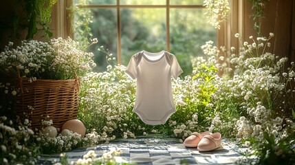 Cozy Easter Announcement with Baby Clothes in Magical Spring Setting