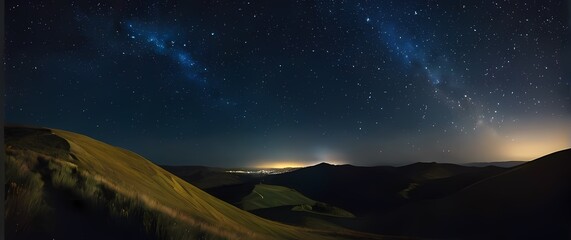 A striking view of a clear night sky full of stars twinkling brightly above rolling hills inviting thoughts of dreams and inspiration