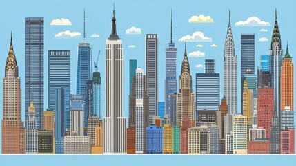 Iconic skyscrapers skyline in new york city digital illustration urban landscape bright day contemporary view