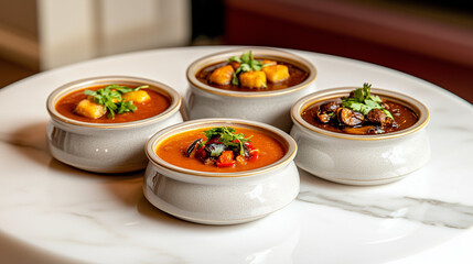  Four Colorful Vegetable Soups with Fresh Herbs and Croutons