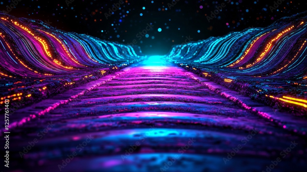 Poster gentle satisfying particle flow. elegant waves of colorful dust, magical ripples. information stream