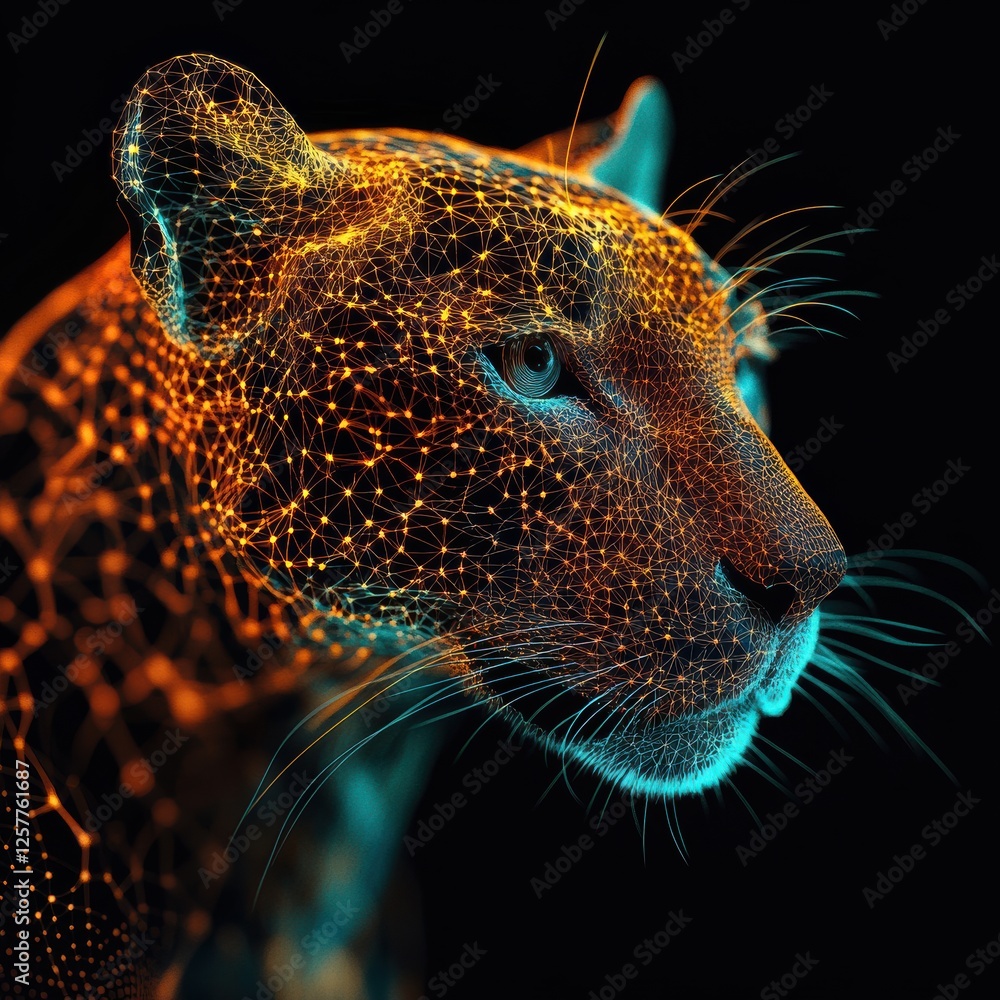 Poster dynamic panther portrait with neon effects artistic environment digital art close-up view tech conce